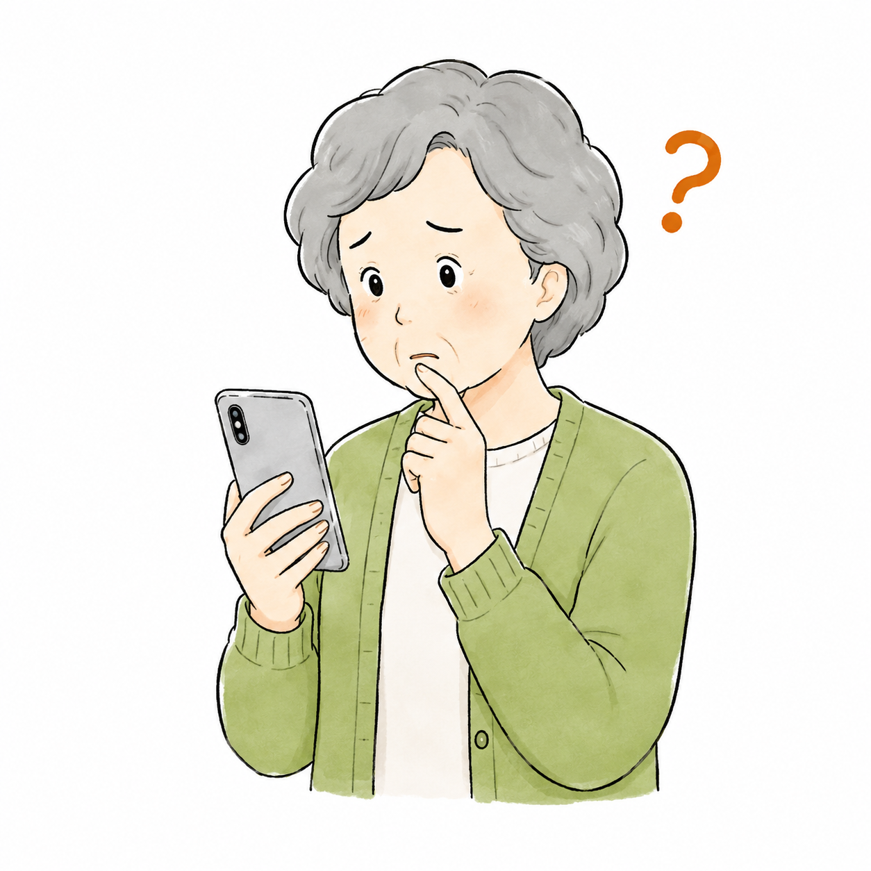 スマホを見て悩んでいるシニア女性のイラスト