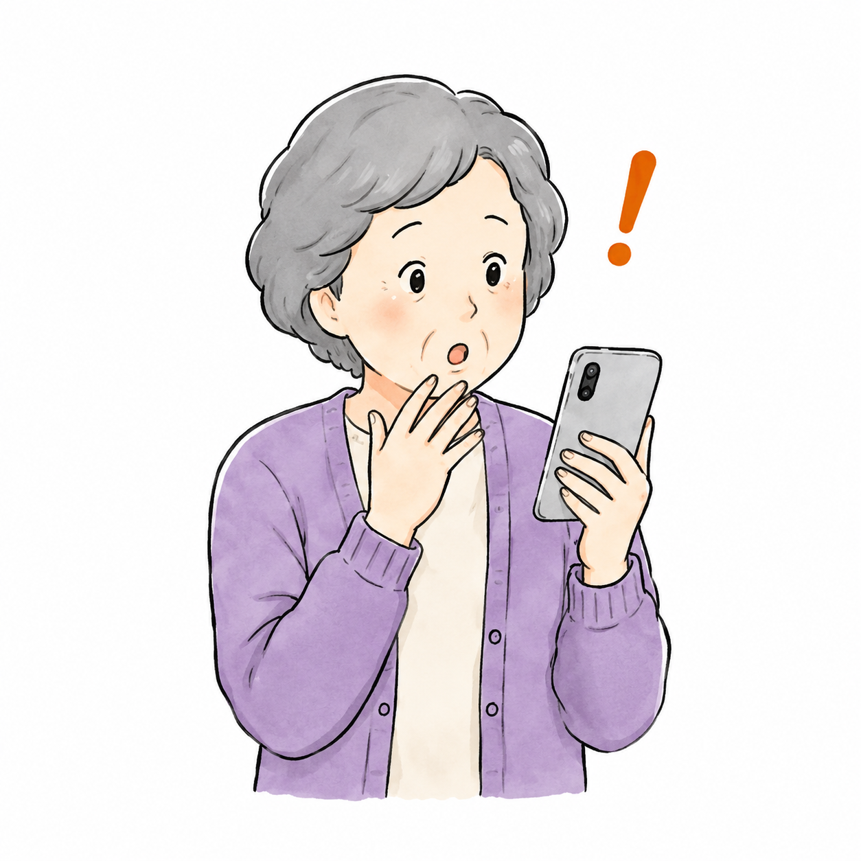 スマホを見て困っているシニア女性のイラスト