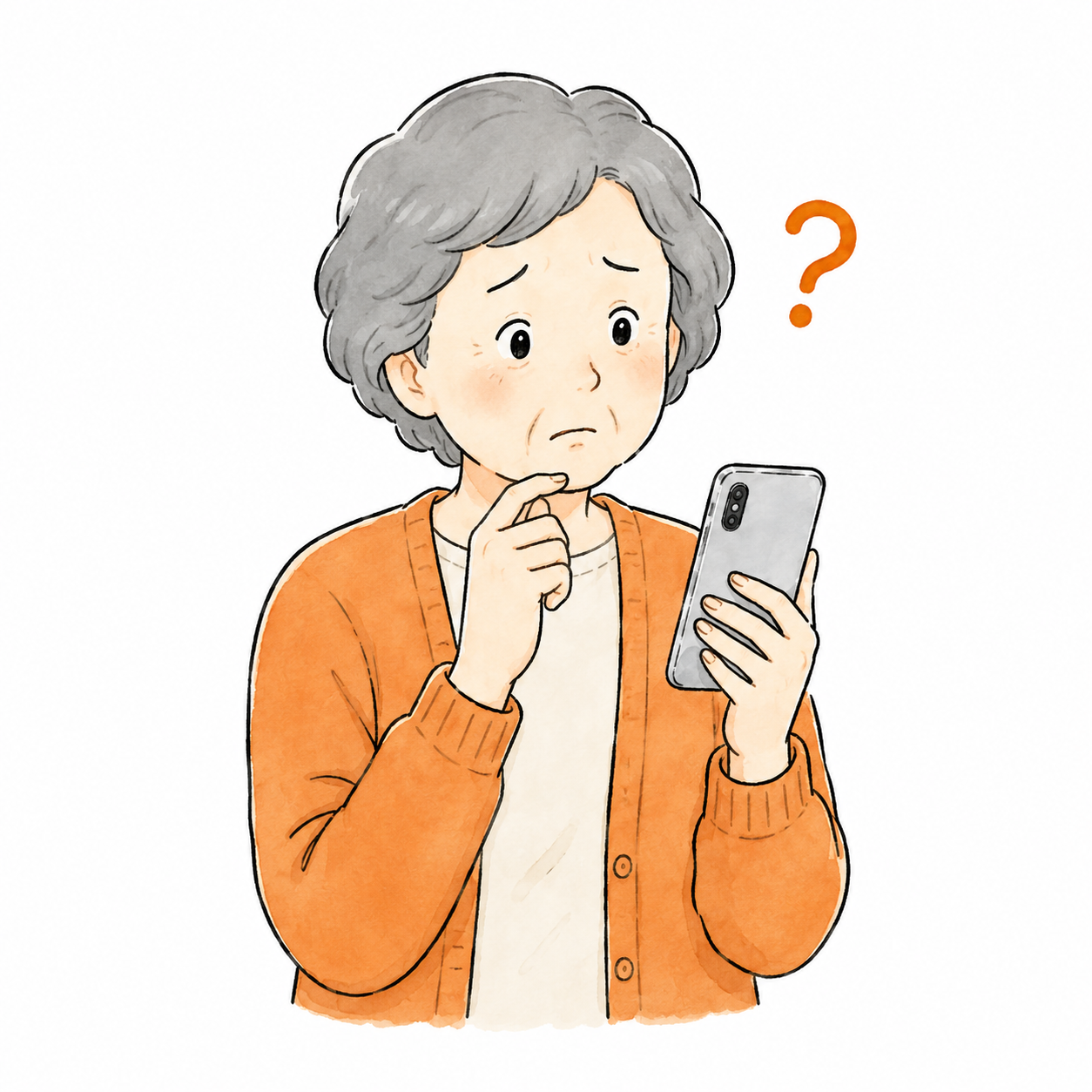 スマホを見て考え込むシニア女性のイラスト